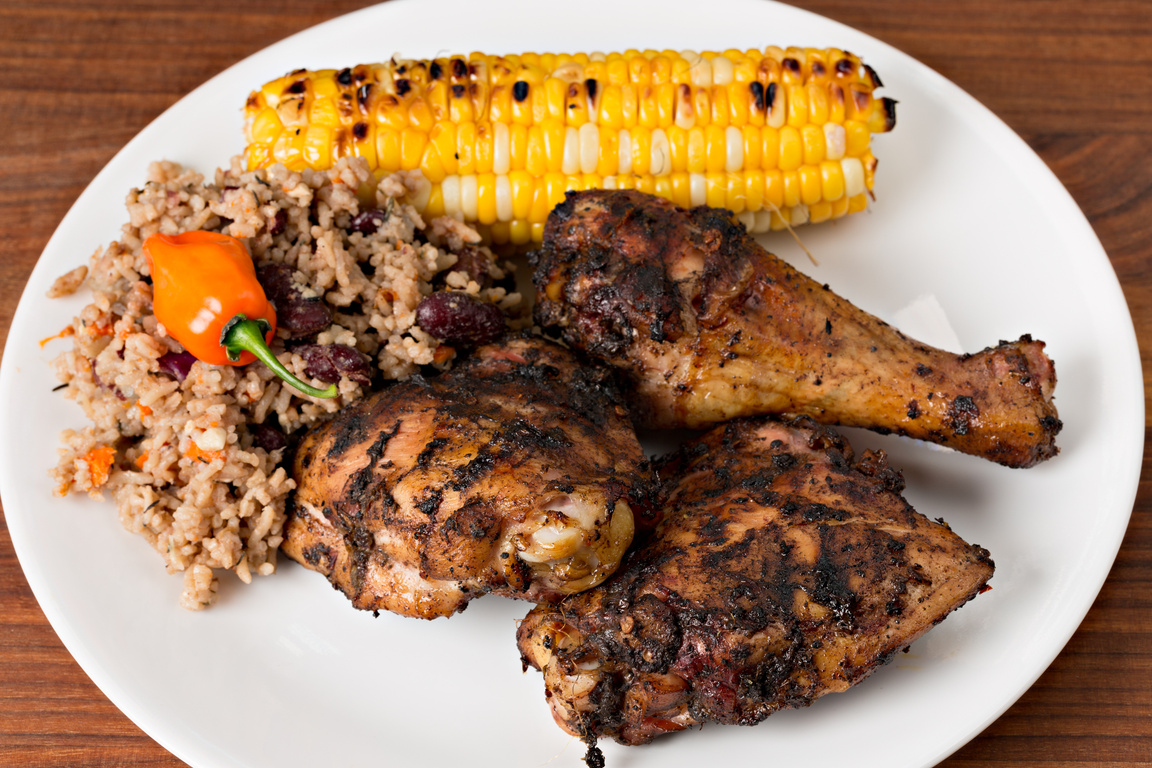 Jamaican Jerk Chicken, Rice And Peas And Grilled Corn